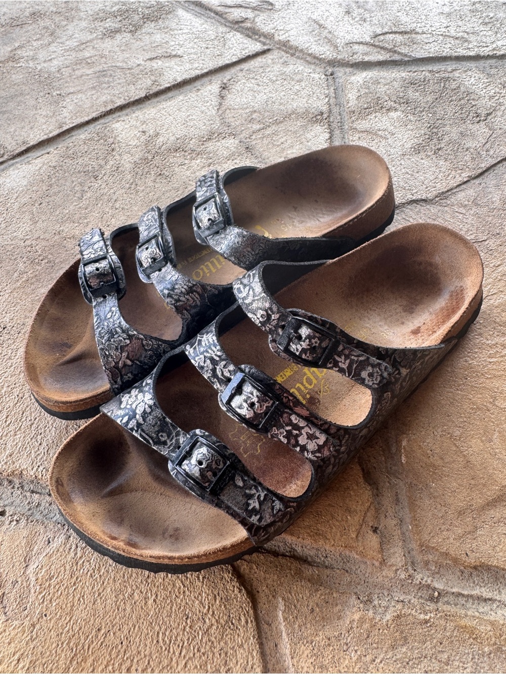 Birkenstock Papillio Florida Black Metallic Floral Leather Sandals EU 38 Narrow